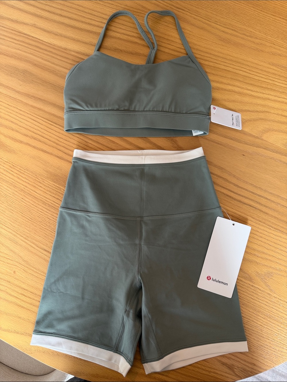 lululemon olive green sports bra and shorts with cream trim - Picture 2 of 4